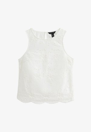 White sleeveless top with floral embroidery, scalloped hem, and keyhole back. Made from lightweight fabric with textured patterns.