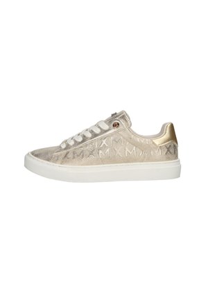 Beige sneaker with textured upper featuring a geometric pattern, white laces, and a gold accent on the heel. Rubber sole.