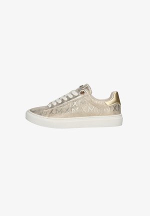 Beige sneaker with textured upper featuring a geometric pattern, white laces, and a gold accent on the heel. Rubber sole.