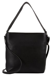 Borsa a tracolla in pelle nera con due manici, uno corto e uno lungo, caratterizzata da una sottile stampa del marchio sul davanti.
