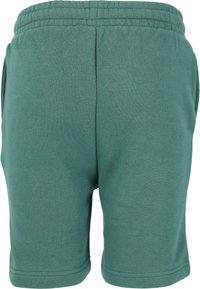Gröna bomullsshorts med elastisk midja, som har två sidofickor och en len yta, skurna ovanför knäet.