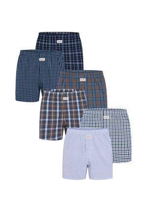 Zes paar herenboxers in blauw, grijs en wit met verschillende geruite en gestreepte patronen, gerangschikt in twee rijen.