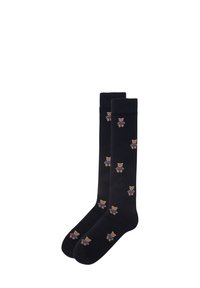 Schwarze kniehohe Socken mit kleinen Bärenmustern in Braun und Blau. Hergestellt aus einem glatten, flexiblen Stoff mit klassischer Passform.