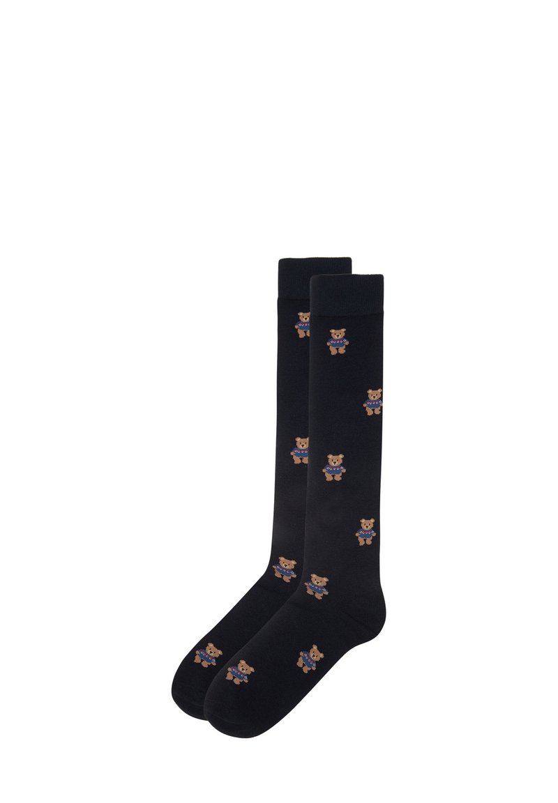 Schwarze kniehohe Socken mit kleinen Bärenmustern in Braun und Blau. Hergestellt aus einem glatten, flexiblen Stoff mit klassischer Passform.