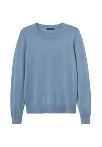 Jasnoniebieski sweter z gładkiego materiału, z okrągłym dekoltem, długimi rękawami oraz ściągaczami na mankietach i dolnym brzegu. Prosty i jednolity design.