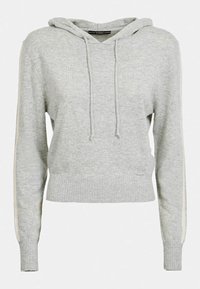 Světlounce šedá mikina s kapucí z měkké látky, vybavená stahovací šňůrkou u kapuce, žebrovanými manžetami a kontrastními bílými pruhy po stranách.