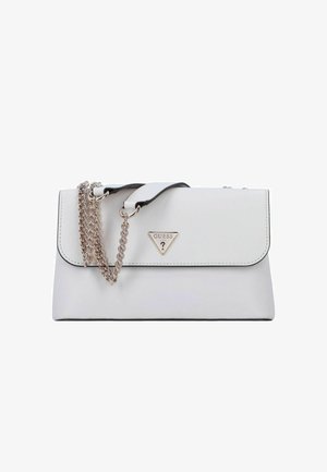 White handbag made of synthetic material, featuring a black strap, silver chain, and a triangular logo accent on the front. Textured finish.