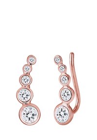 Pendientes de oro rosa con una serie de cristales claros redondos de varios tamaños, dispuestos en un diseño ondulado con cierre de gancho.