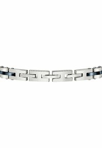 Bracciale a maglie in acciaio inossidabile con segmenti lucidi e opachi alternati, con un accento blu e logo del marchio inciso.
