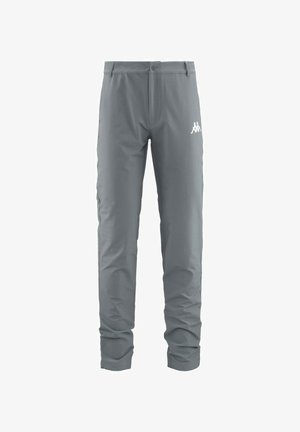 Pantaloni da esterno grigi con una texture liscia, chiusura con bottone e tasche laterali. Presentano un logo bianco sulla coscia sinistra.