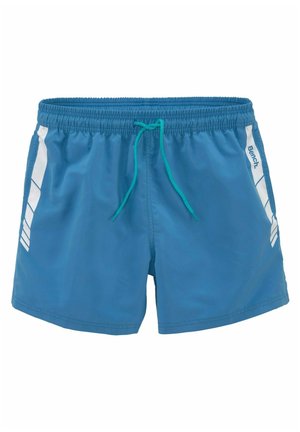 Blaue Badehose aus leichtem Stoff, mit einem elastischen Bund und turkisen Kordeln, weißen Seitenelementen und Logodetail.