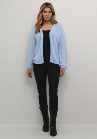 Light blue knitted cardigan with a relaxed fit, open front, and ribbed cuffs, paired with a black top and dark pants.
