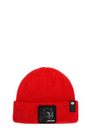 Bonnet rouge en maille côtelée avec revers, orné d’un écusson de panthère noire et d’une petite étiquette noire avec logo.