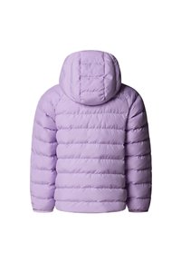 Ανοιχτό μωβ φουσκωτό μπουφάν με κουκούλα, με σχεδιασμό σε ραμμένα τετράγωνα και κατακόρυφες ρίγες. Λείο, γυαλιστερό ύφασμα με άνετη εφαρμογή.