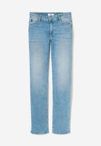 Jeans droits bleu clair en denim. Design à cinq poches avec des coutures visibles et un léger effet délavé.