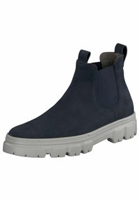 Laivastonsininen mokkanahkainen Chelsea-saapas, jossa on pyöreä kärki, joustavat sivupaneelit ja paksu valkoinen kumipohja, jossa on pitävä kuvio.