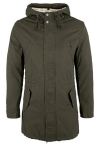 Olivgrön parkasjacka i bomullsblandning, med huva, tryckknappar, två sidofickor och ett mjukt innerfoder.