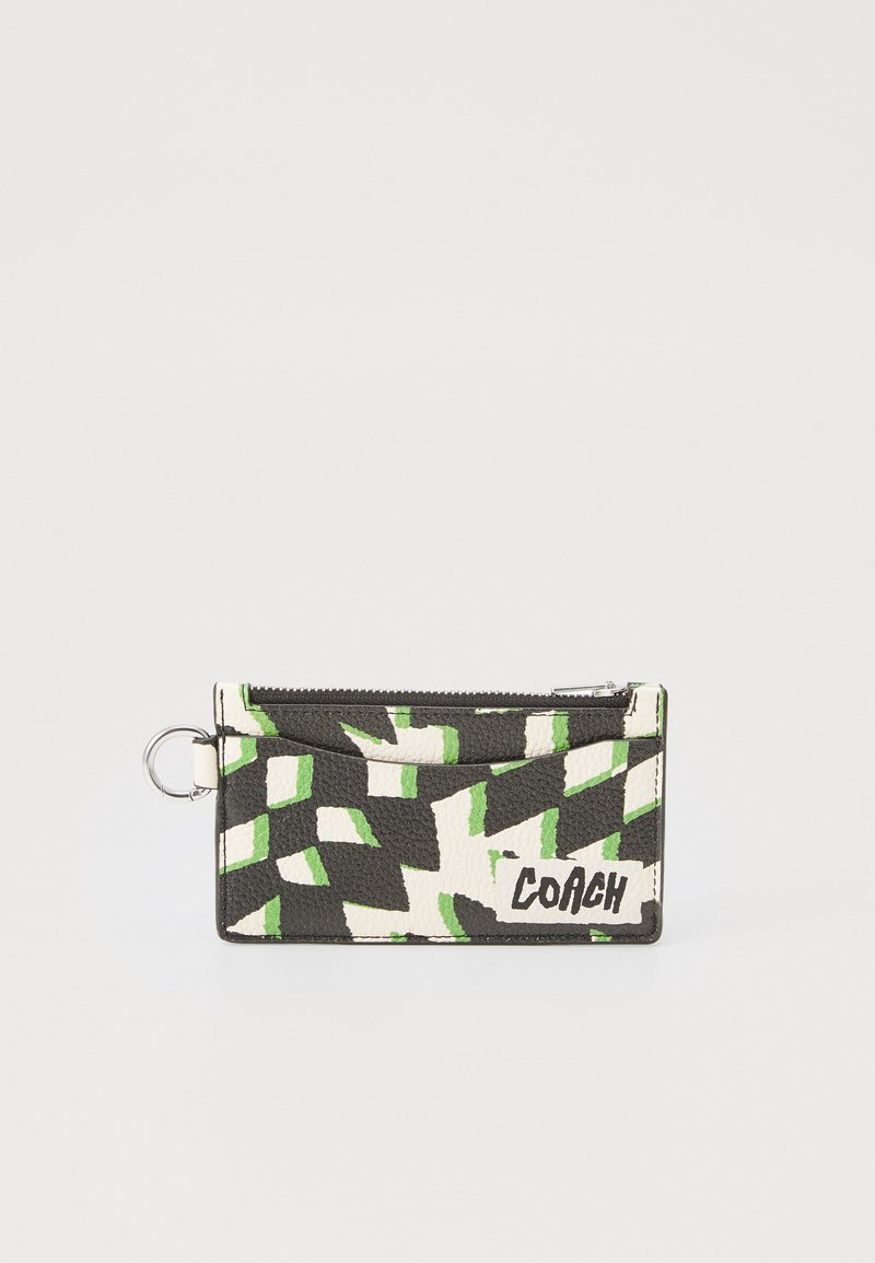 Cardholder made of textured leather with a black, white, and green geometric pattern; features a zippered compartment and a keyring attachment.
