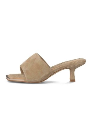 Beige suède mule sandaal met open teen, vierkante voorkant en lage kitten heel, ontworpen voor dames casual of feestelijke kleding.