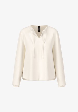 Lightweight cream-colored pullover with a v-neck, drawstring closure, long sleeves, and gathered cuffs. Smooth texture, relaxed fit.