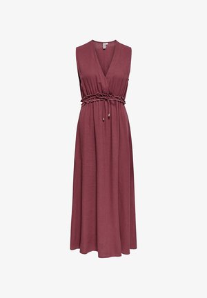 Bezrukávové maxišaty vo farbe fialovej s hlbokým výstrihom do V, nariaseným pásom a nastaviteľným šnúrkovým opaskom, splývavá sukňa, ľahká látka.