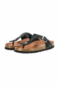 Black suede flip-flop sandals with a tan footbed, cork midsole, and black rubber outsole. Features silver hardware and two adjustable straps.