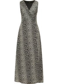 Rochie maxi din material ușor cu imprimeu leopard, decolteu în V, fără mâneci și cu o siluetă fluidă.