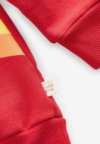 Piros pulóver bordázott mandzsettával, sárga és narancs csíkos díszítéssel. Tartalmaz egy kis textil címkét "kis madár" felirattal.