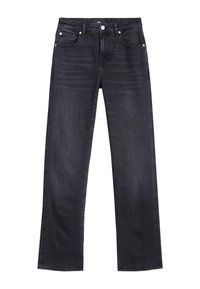 Ciemnoniebieskie dżinsy z denimu o prostym kroju nogawek, posiadające pięć kieszeni, metalowe okucia oraz lekko wyblakły efekt na przodzie.
