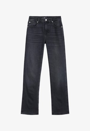Dark blue denim jeans with a straight leg cut, featuring five pockets, metal hardware, and a slight fading effect on the front.