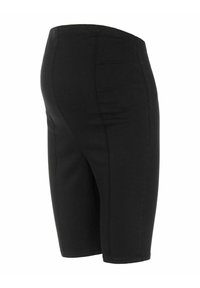 Pantaloni corti in denim nero con design aderente, dotati di vita alta e tasche posteriori sottili, texture liscia e orlo alla ginocchia.