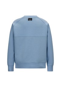 Felpa blu con superficie testurizzata e maniche lisce, bordo a costine ai polsini e all'orlo, e un'etichetta sul retro del collo.