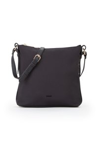 Borsa a tracolla nera in nylon con tracolla in pelle regolabile e fibbia dorata, chiusura con zip e logo discreto sulla parte frontale.