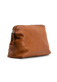 Brown leather pouch with a smooth texture, rectangular shape, zip closure, and subtle stitching detail along the edges.