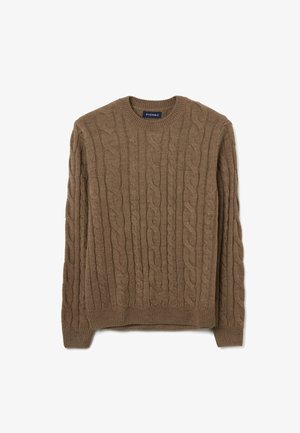 Brown cable-knit sweater with a round neckline, ribbed cuffs and hem. Made from a textured wool blend fabric. Brand label visible.