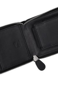 Black leather wallet featuring a zippered closure, card slots, and a smooth texture with a subtle logo embossed on the interior.