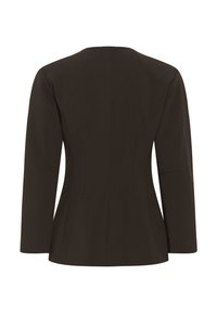 Tumši brūns piegriezts žakete ar garām piedurknēm un pieguļošu vidukli, redzama no muguras uz baltas fona.