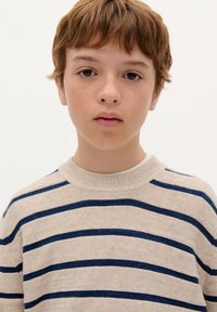 Beige gestreifter Pullover mit marineblauen horizontalen Streifen, geripptem Rundhalsausschnitt, weicher Textur und lässiger Passform.