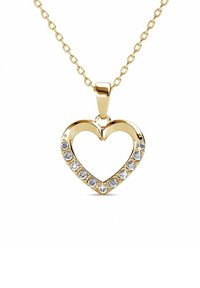 Goldenes Herzanhänger-Halskette mit transparenten Strasssteinen am Rand. Verfügt über eine glatte Oberfläche und eine zarte Kette.