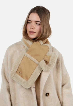 Tan shearling scarf with beige fleece trim, includes a mitten-style section attached; displayed against a light background.