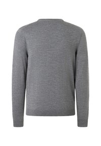Grauer Pullover, runder Hals, lange Ärmel, Strickstoff, einfarbig, gerippte Bündchen und Saum, glatte Textur, minimalistisches Design.