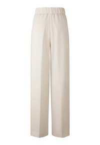 Crème-kleurige, wijde broek gemaakt van zachte stof met een elastische tailleband en zijnaad, met een losse pasvorm voor comfort.