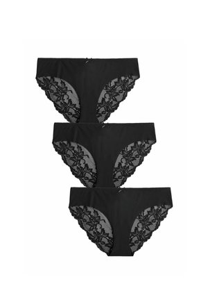 Zwarte kanten slipjes met een bloemenpatroon aan de randen, voorzien van een gladde voorkant en een klein strikaccent op de tailleband. Set van drie.