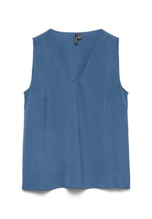 Αμάνικη μπλε μπλούζα με V λαιμόκοψη, ίσια τελείωμα και διακριτικές πλευρικές ραφές, κατασκευασμένη από ελαφρύ ύφασμα.