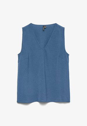 Hihaton sininen V-aukko, jossa on suora helma ja hienovaraiset sivusaumat, valmistettu kevyestä kankaasta.