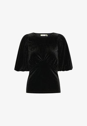Black velvet top with short puff sleeves, round neckline, and gathered detailing at the waist, featuring a smooth, soft texture.