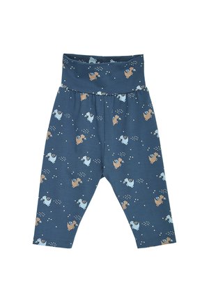 Blaue Babyhose mit hohem Bund, verziert mit einem Muster aus kleinen blauen und braunen geflügelten Tieren und weißen Punkten.