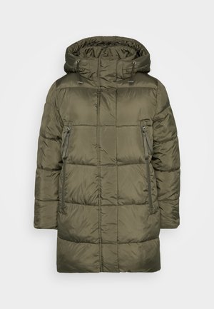 Manteau matelassé vert olive avec capuche, fermeture éclair sur toute la longueur à l'avant et poches latérales zippées, conçu pour les temps froids.
