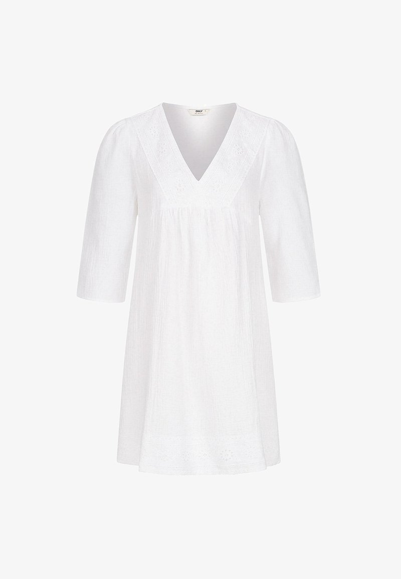 Robe blanche jusqu'aux genoux avec manches bouffantes trois-quarts, encolure en V et détails floraux brodés subtils sur l'encolure et l'ourlet.