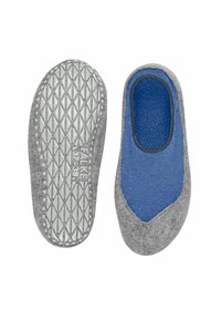 Pantofole grigie in feltro con una parte superiore blu e una suola in gomma con motivo per una migliore aderenza, dotate di un rivestimento interno liscio per il massimo comfort.